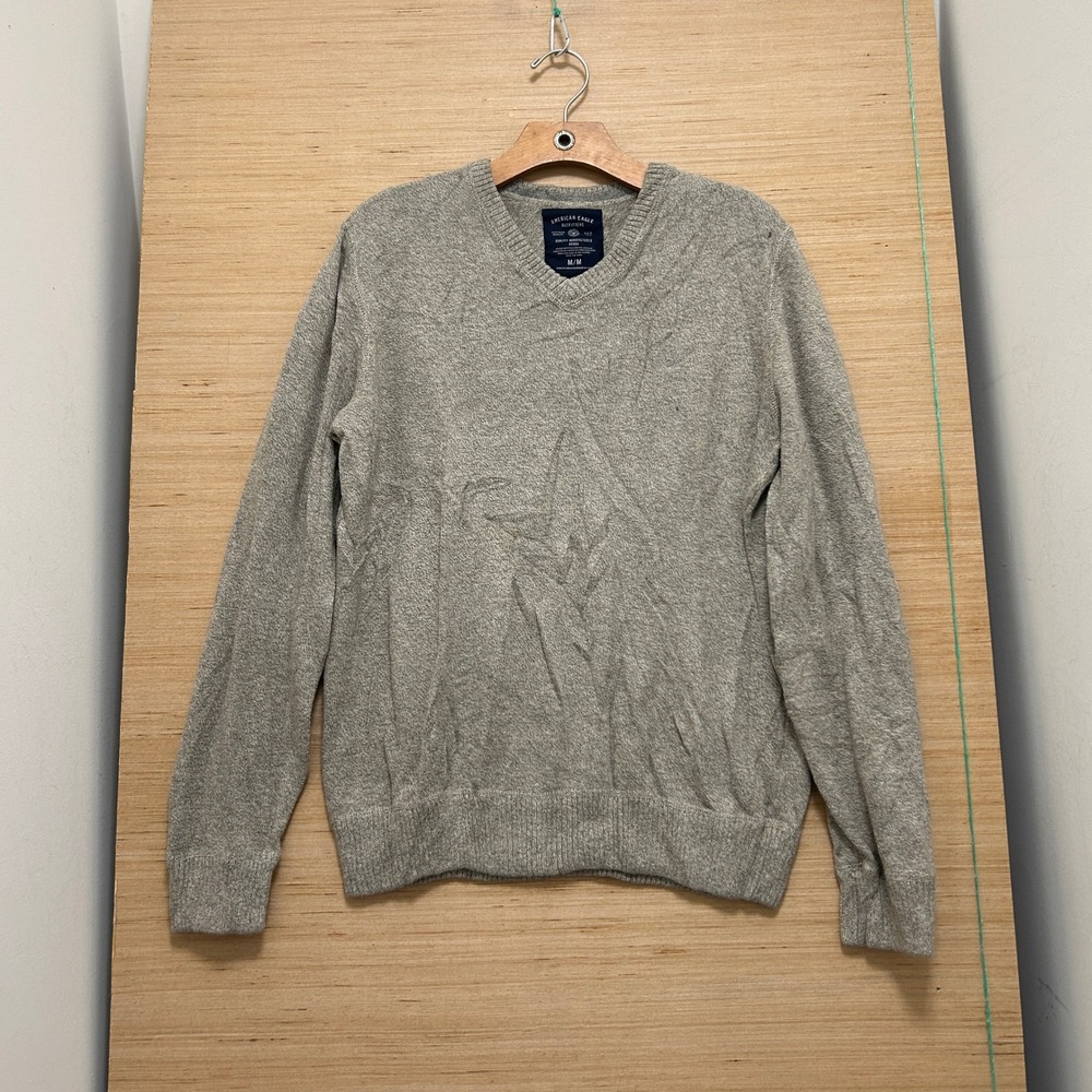 American Eagle Mens V-Neck Sweater Heather‎ Gray Oatmeal Knit Logo Size Medium